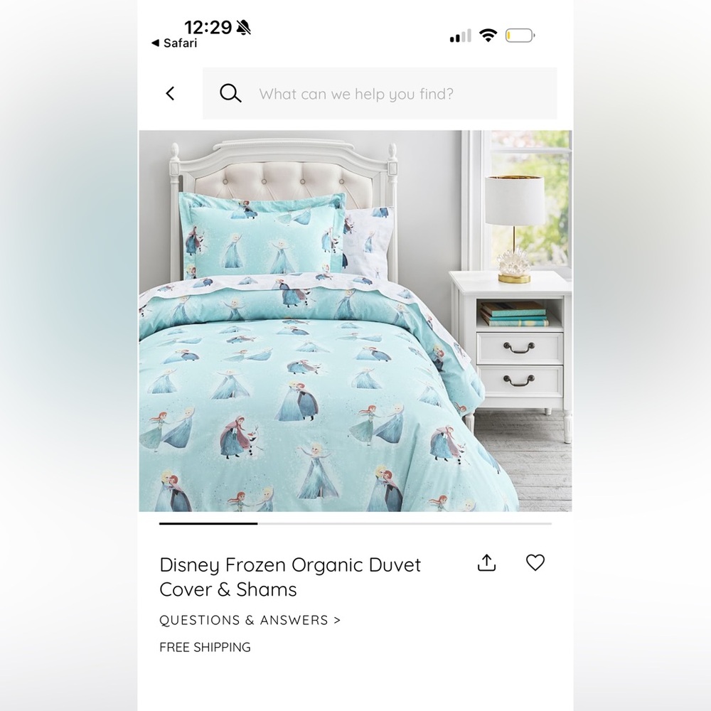 Pottery Barn Kids Organic Cotton Duvet Cover & Pillow Sham Frozen - TWIN